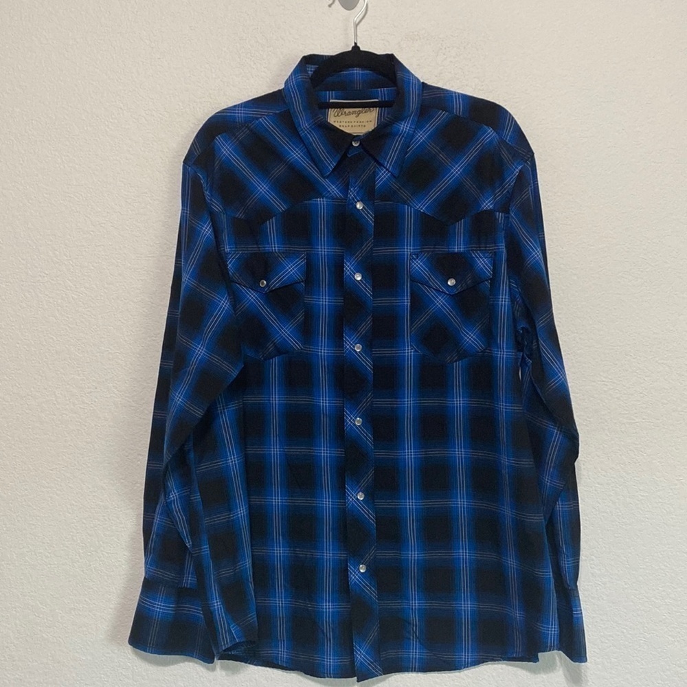 Wrangler Mens Plaid Cotton Blend Blue & Black Pearl Button Western Shirt Size XL